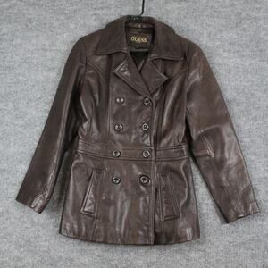 Vintage Guess Jacket Medium Leather Chocolate Double Breasted Peacoat Goth Y2K